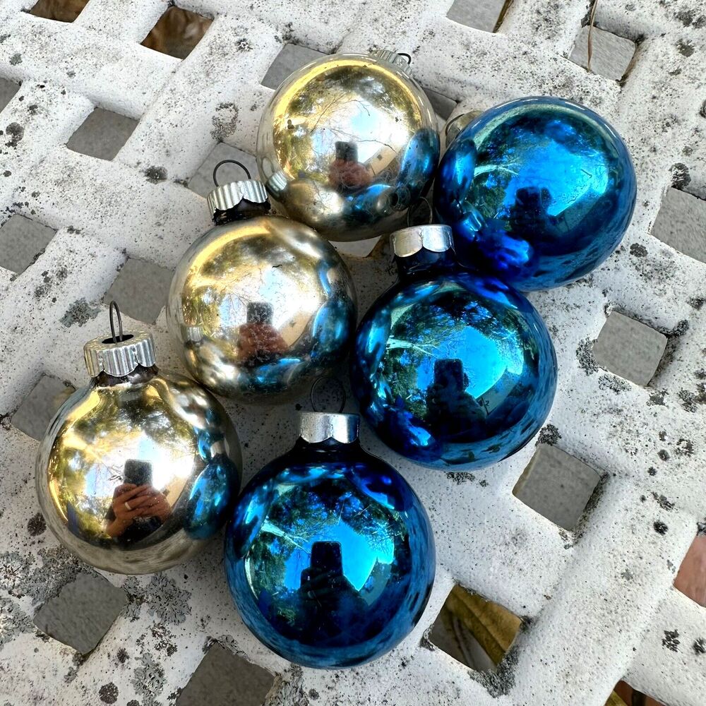 6 Vtg Glass Christmas Ornaments Shiny Brite & Unmarked USA Blue Silver 2" READ